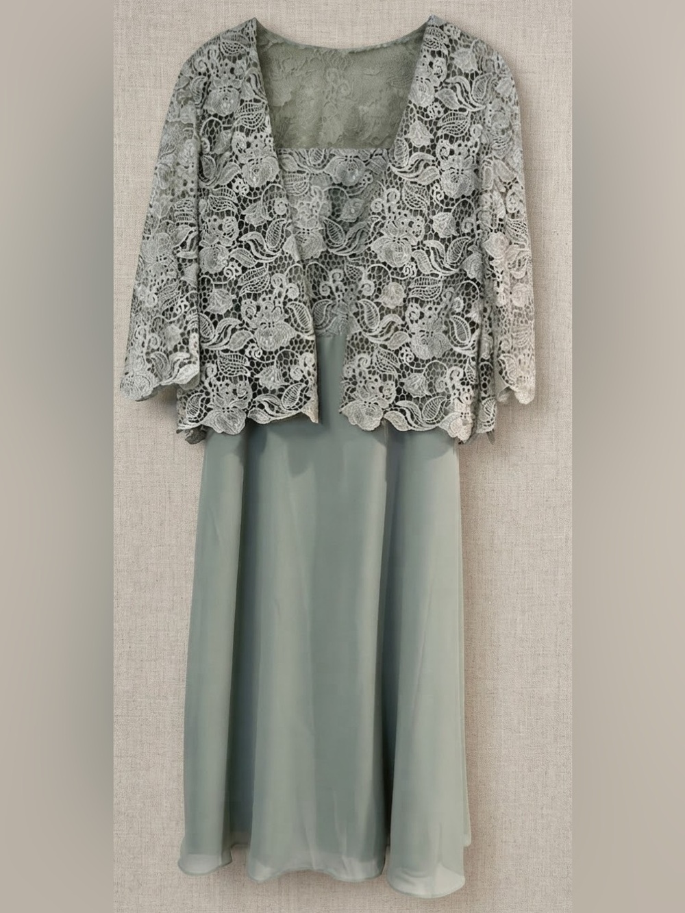 New Alex Evenings Sage Green Lace Bolero & Chiffon Gown Set